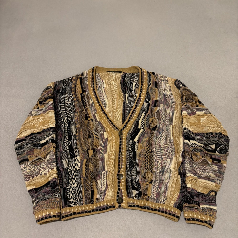 Vintage Tundra 3D Knit Cardigan Sweater Tan Black Multi Pattern 90s Style XL